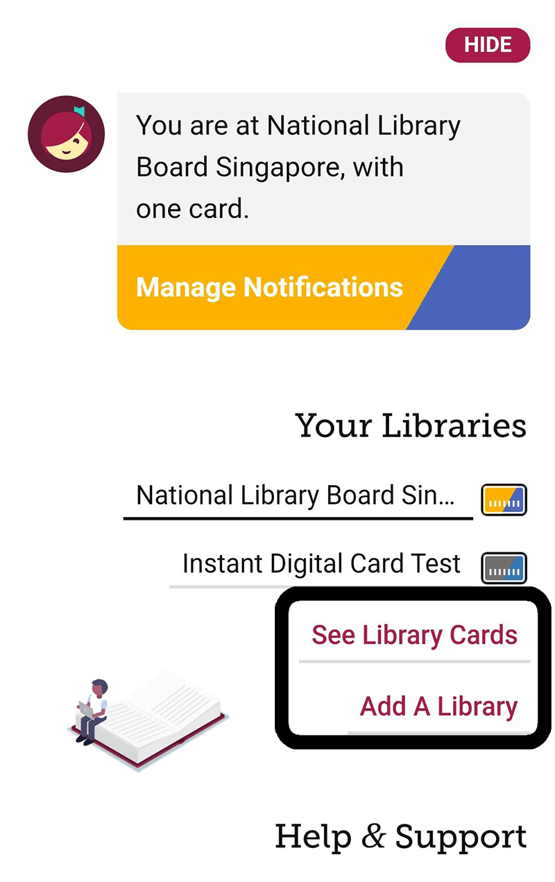 A tutorial screenshot for the Libby app, showing the ‘See Library Cards’ and ‘Add A Library’ buttons.